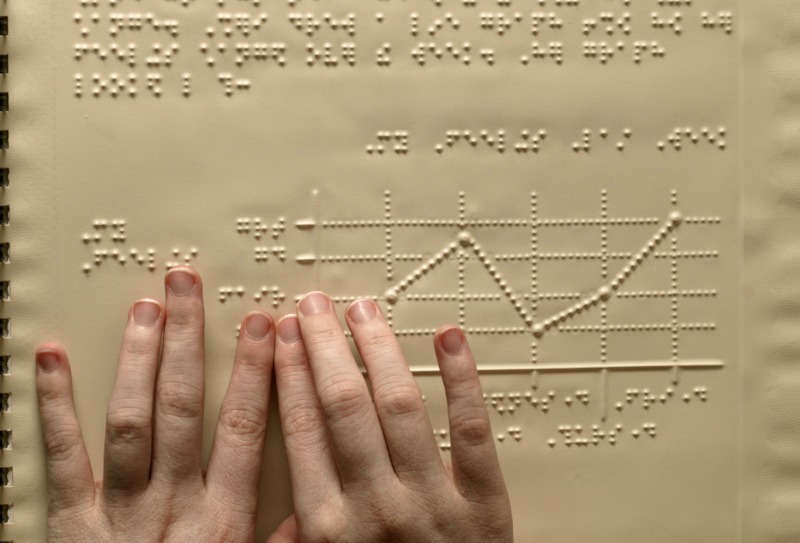 Duas mãos sobre uma folha com a escrita braille. Nela há textos e um gráfico.