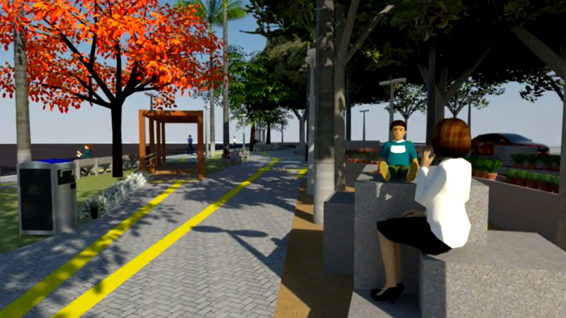 Imagem colorida em 3D da Praça Jenner de Souza com muitas árvores. À esquerda e ao fundo um pergolado de madeira. À direita e à frente um menino e uma mulher sentados em bancos de concreto.