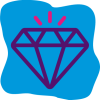 Ícone de diamante. Sobre fundo irregular azul, um diamante tracejado na cor roxa. Acima dele três traços rosas como um brilho.